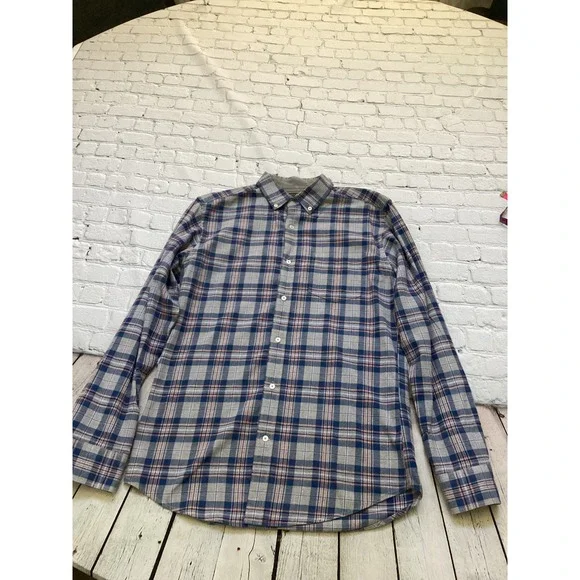 Banana Republic Mens Luxe Flannel Slim Fit Plaid Button Down Shirt Blue Grey M