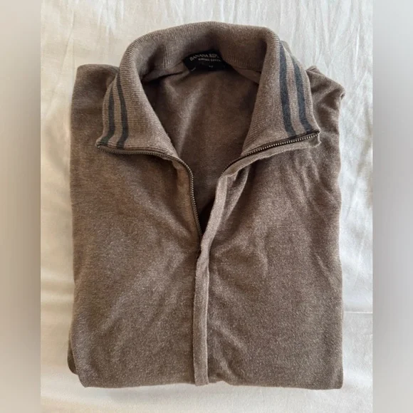 Banana Republic Brown Grandpa Sweater Full Zip Striped Collar Pima Cotton Size M