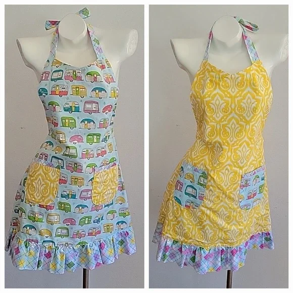 Handmade‎ Halter Apron Retro Campers Damask Print Reversible Self Tie Mod Foodie