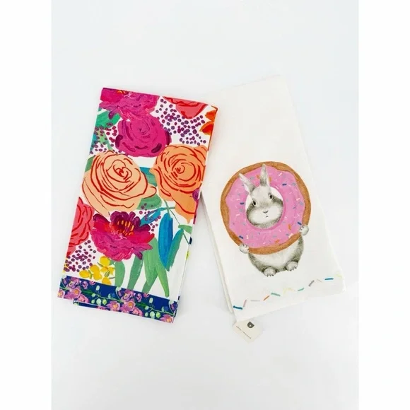 Anthropologie Dish Towel Bundle Spring Floral Rabbit Donut