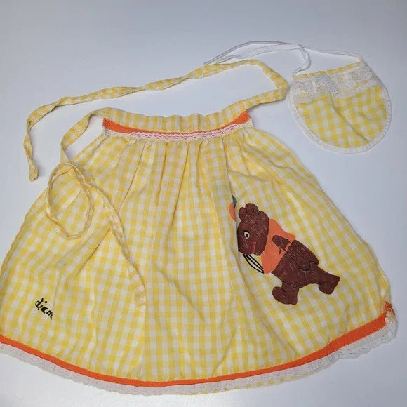 Vintage Yellow Gingham Child Apron Hand Painted Bear‎ with Balloons Bib Set