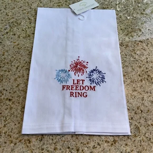 Let Freedom Ring White Cotton Embroidered Towel Red, White & Blue NWT