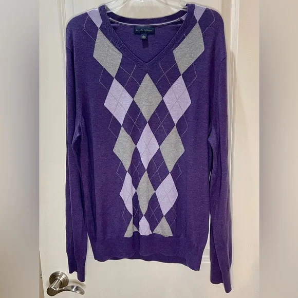 Banana Republic Sweater Purple Silk & Cashmere Blend Argyle V-Neck Size L