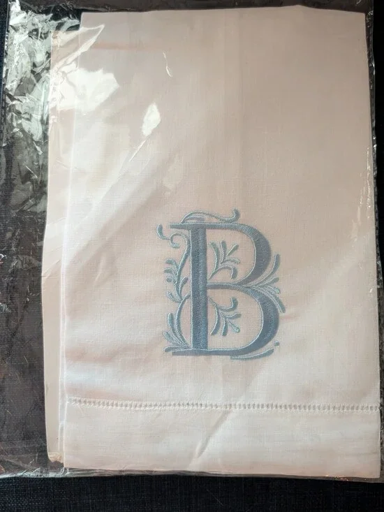 White Cotton Tea Towel with Light Blue Embroidered 'B' Monogram