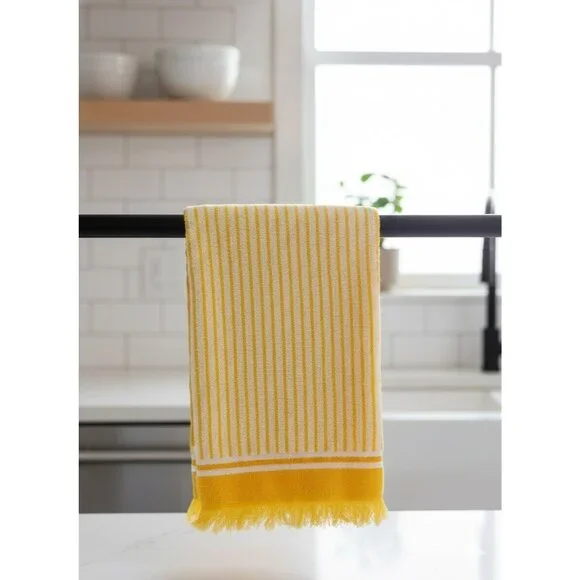 VTG Fieldcrest Hand‎ Towel Yellow White Striped Fringe MCM Retro 70s 80s USA