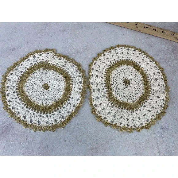 Vintage‎ White & Gold Wire Handmade Round Crochet Dining Table Doily - Lot of 2