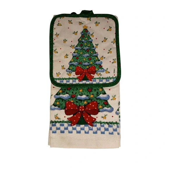 Vintage NOS‎ B&D Christmas Tree Kitchen Dish Towel & Pot Holder Set