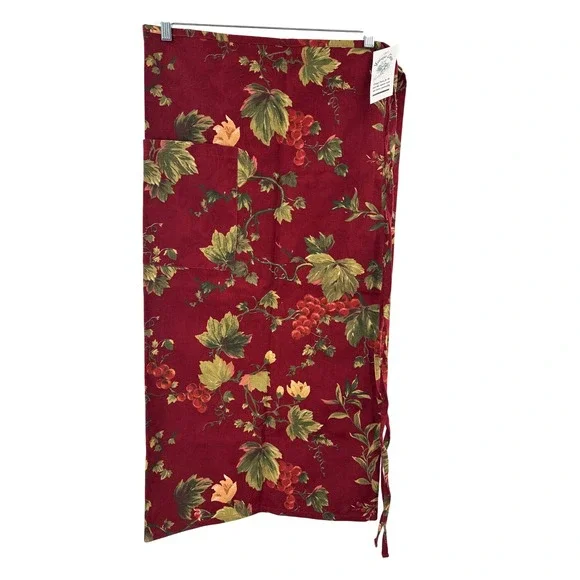 Montague Linens Burgundy Grape Floral Half Apron 100% Cotton Made‎ in USA NWT