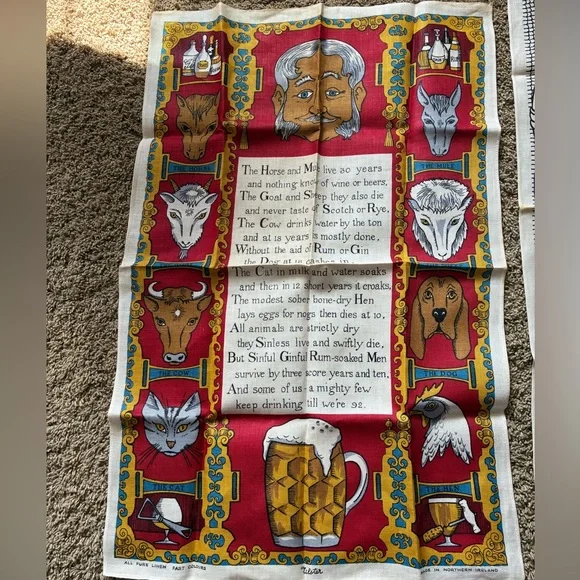Vintage Ulster Irish Linen Tea Towel Animals Drinking Poem