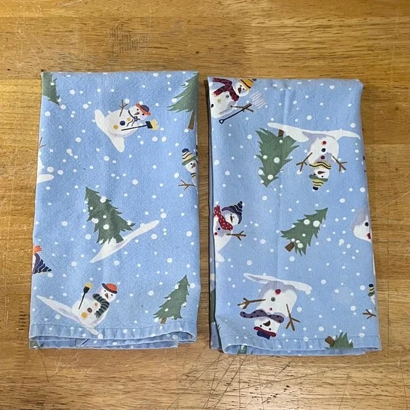Crate & Barrel Blue Snowman Trees Cotton Kitchen Towels‎ Set of 2 Vtg Holiday