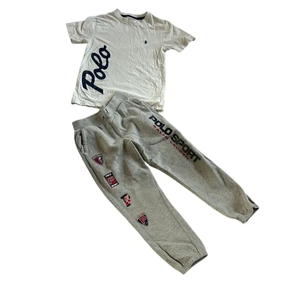 Polo by Ralph Lauren Gray Joggers w Logo Accents + Tshirt Bundle Boys Sz S (8)