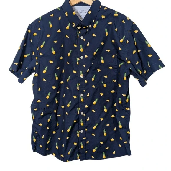 Banana‎ Republic Mens Luxe Poplin Slim Fit Pineapple Print Shirt Navy Blue L
