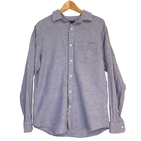 Banana Republic Linen Blend Slim Fit Button Up‎ Shirt Mens L Blue Costal Casual