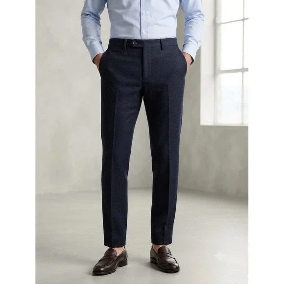 Men's Navy Blue Dress Trousers Slim Fit Flat Front Tailored Pants Size 31/30