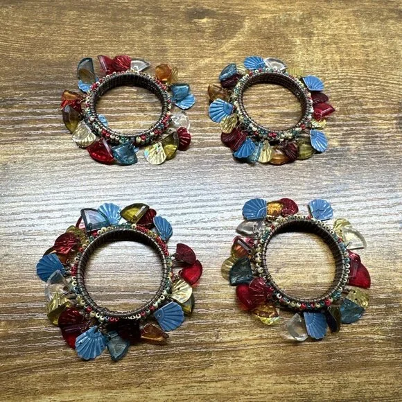 Vintage‎ Bohemian Beaded Napkin Rings Holders Set Of 4 Eclectic Colorful Unique