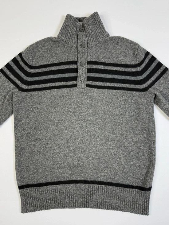 Banana Republic Merino Wool Button Mock Neck Sweater Gray Black Striped Medium