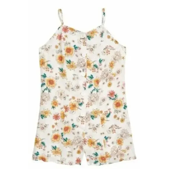 Love,Fire Girls Ivory Floral Print Sleeveless Button Front Romper Large MSRP $36