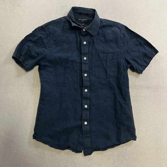 Banana Republic Shirt Men's Size Small Slim Fit Blue Linen Blend Short Sleeve