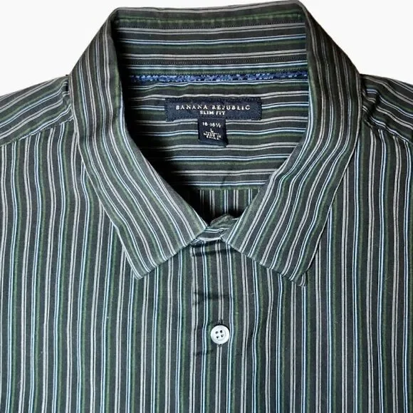 Banana Republic Slim Fit Striped Dress Shirt in Dark Grey/Green/Blue Men’s L