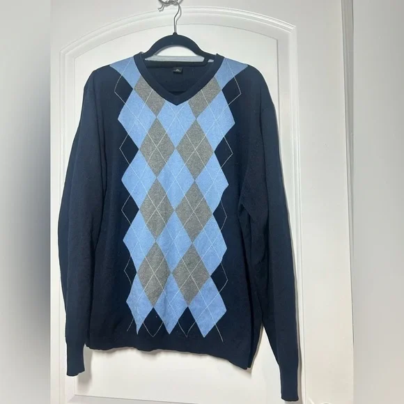 BANANA REPUBLIC Men's Blue Argyle Silk Cashmere V-neck Sweater Size XL preppy
