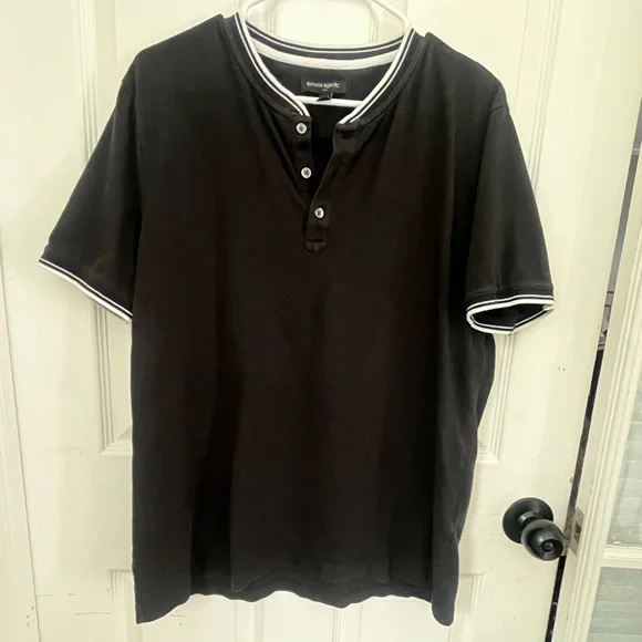 Banana Republic Black Henley Tipped Band Collar Pique Cotton Shirt Large
