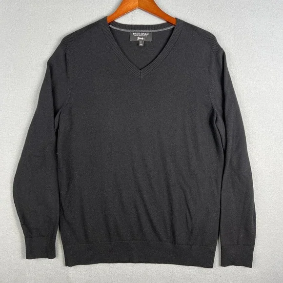 Banana Republic Italian Merino Wool Sweater Mens LT Yarn by Baruffa V Neck Black