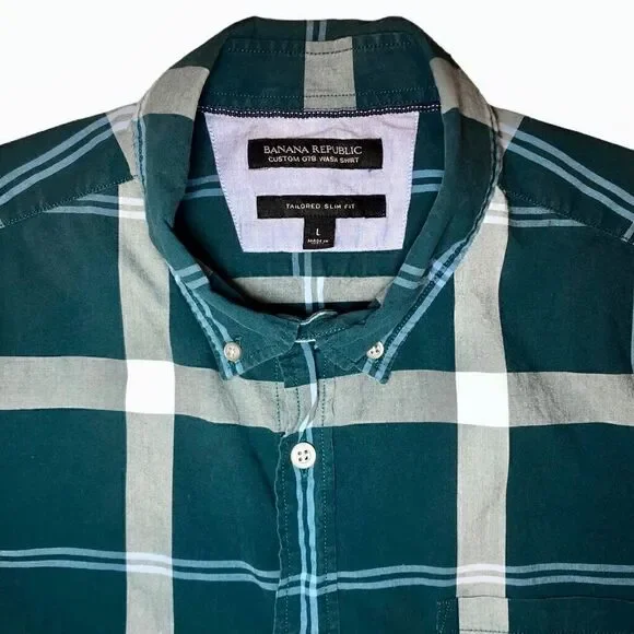 Banana Republic Custom Wash Slim Fit Plaid Shirt in Teal/White Men’s L