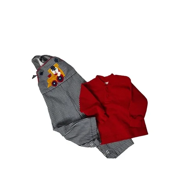 Health tex sz 9 months 2pc railroad stripe overalls red long sleeve‎ USA