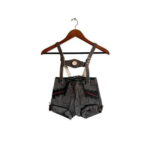 Kids Lederhosen German Style Suspender Shorts Gray‎ Leather Trim Oktoberfest