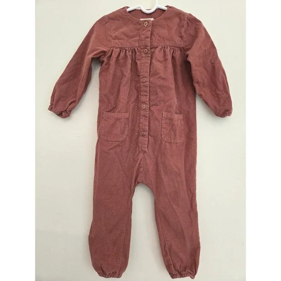 Mango Kids Corduroy Jumpsuit Terracotta Rust Button Front Romper Size 2-3 98cm‎