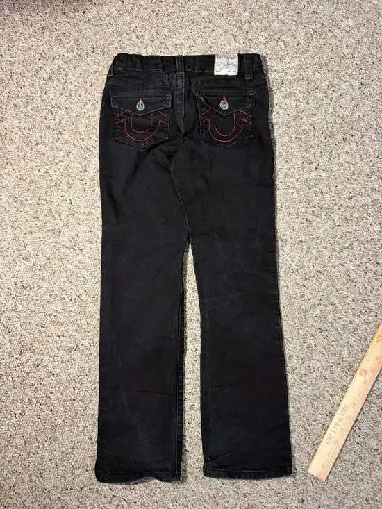 True Religion Boys Ricky Relaxed Straight Big T Black Jeans Red Stitching Size10