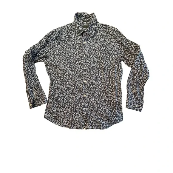 Banana‎ Republic Men's L Slim Fit Linen Button Down Shirt Navy Blue White Office
