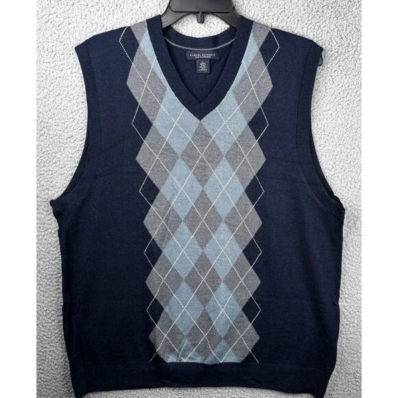 Banana Republic Sweater Vest Mens Large Argyle Diamond Silk Cashmere Blend Gray