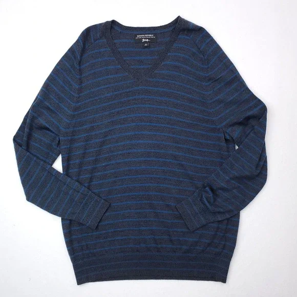 Banana Republic Sweater Mens XL Gray Blue Striped Italian Merino Wool Pullover