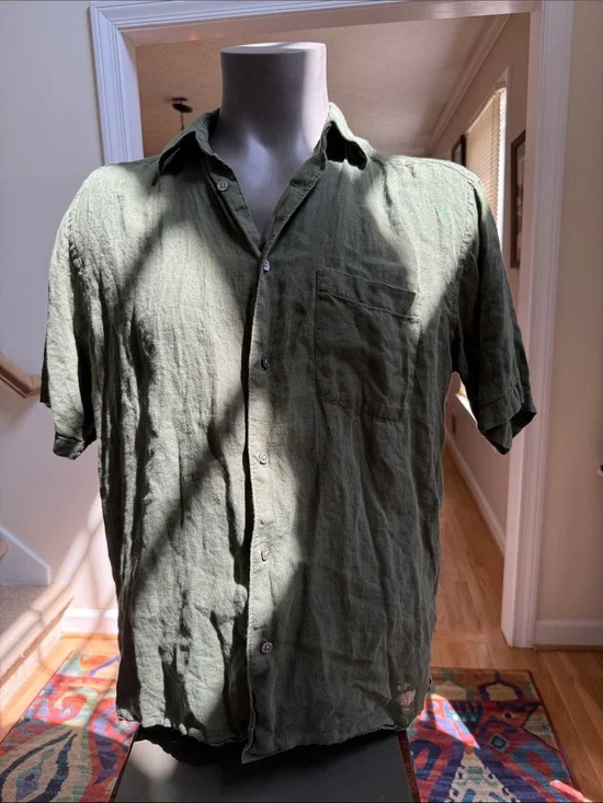 Banana Republic Relaxed Irish Linen Olive Green Short-Sleeve Button-Down Shirt L