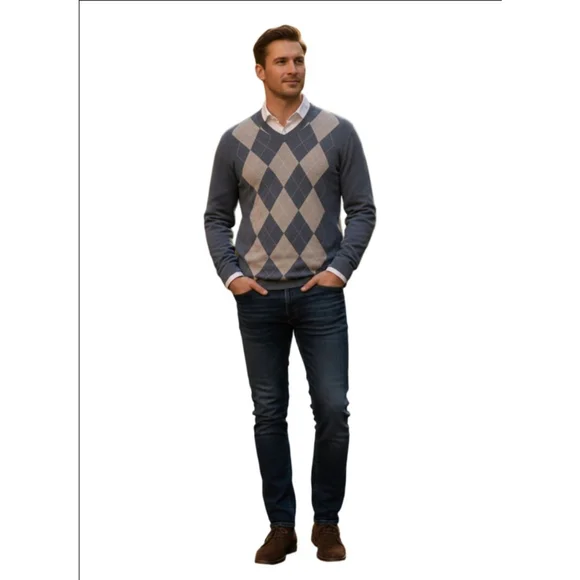 Men's Banana Republic L Blue Beige Argyle V-Neck Sweater