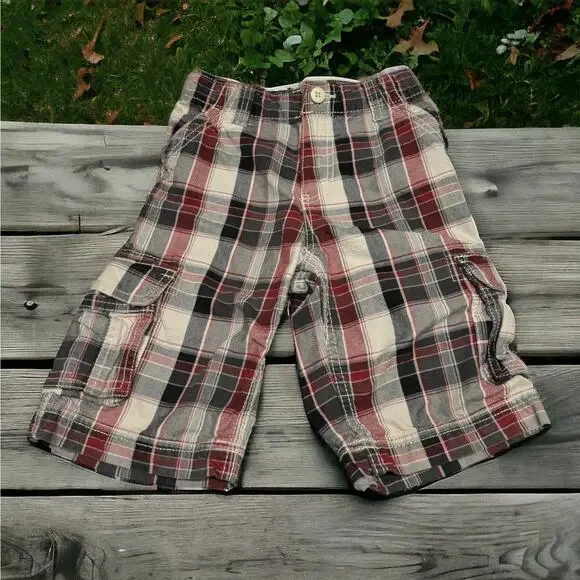 Arizona Boys‎ Shorts Sz 7X Brick Red Gray White Plaid Adjustable Waist Cargo