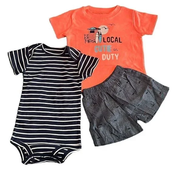 Childrens 3 Piece Summer Set Boys Baby Size 12M Tee Shorts Romper