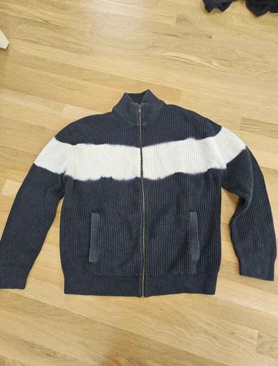 Men's Banana Republic Navy & White Zip-Front Ribbed 100% Cotton Sweater - Size L