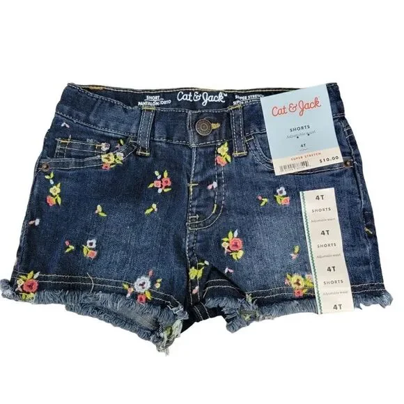 Cat & Jack 3T jean shorts floral frayed denim kids