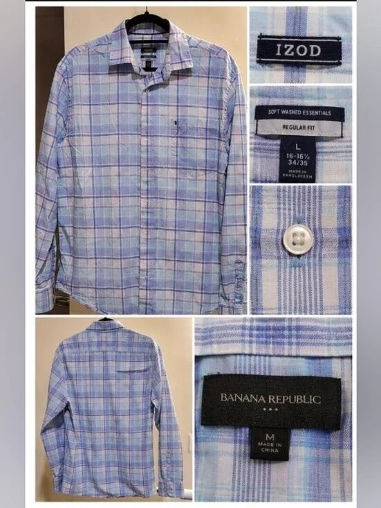 Banana Republic Men’s Light Blue and White Plaid Button-Down Shirt 16-16 1/2
