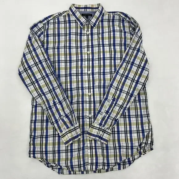 Banana Republic Mens XL Button Up Shirt White Blue Plaid Tailored Slim‎ Fit
