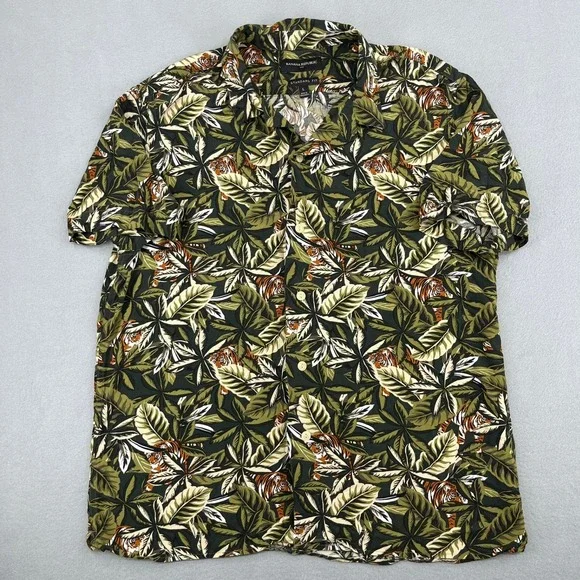 Banana Republic Mens Tiger Tropical Leaf Print Rayon Short Sleeve Shirt‎ Green L