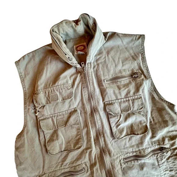 VTG Banana Republic Safari Utility Vest Tan Cotton XL Hood Photo Fishing Hunting