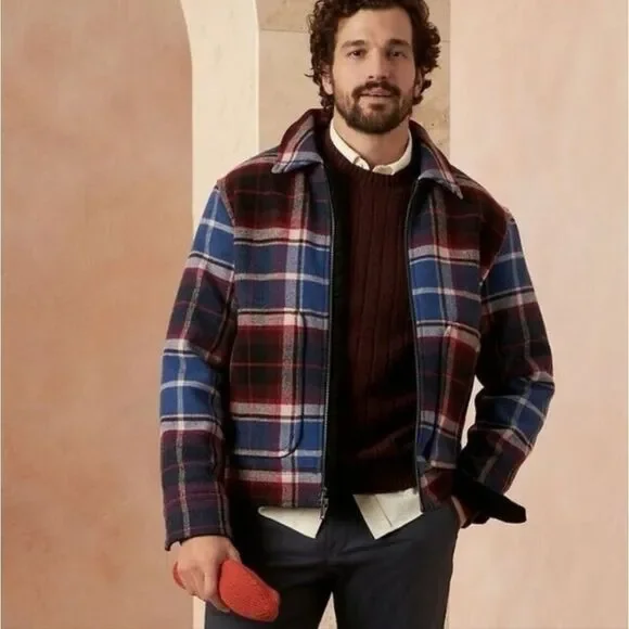 Banana Republic Heavyweight Navy Plaid Wool-Blend Quilted Bomber Jacket - Small