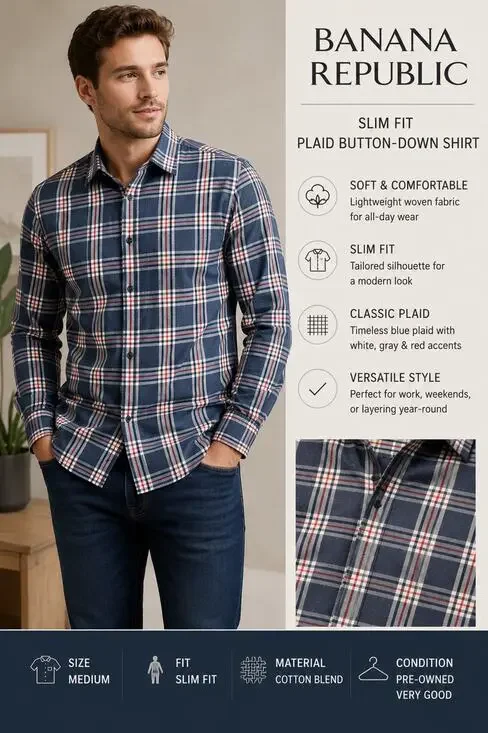 Banana Republic Slim Fit Plaid Button-Down Shirt – Men's Medium