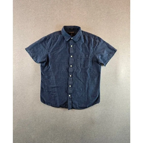 Banana Republic Button Down Shirt Mens Large Navy Blue Slim Fit Linen Cotton