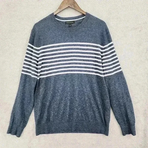 Banana Republic Mens Striped Crewneck Sweater Large Cotton Blue & White 10PT