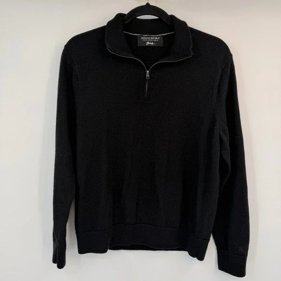 Banana Republic Mens Black Italian Merino Wool Quarter Zip Sweater Large Baruffa