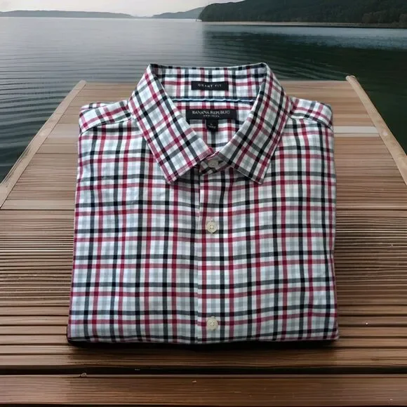 BANANA REPUBLIC SHIRT MENS SIZE LARGE GRANT FIT SLIM RED WHITE BLACK PLAID EUC